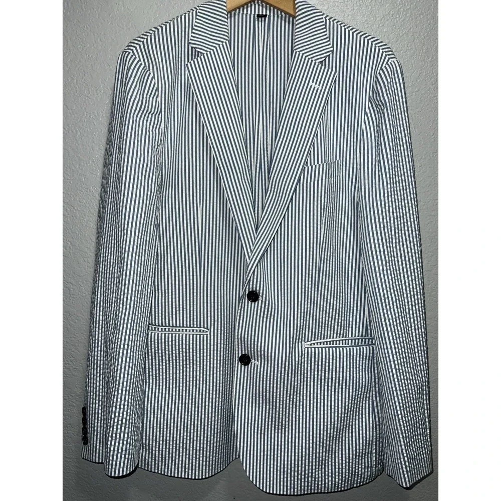 J. Crew Ludlow Unstructured Seersucker Blazer Mens 40R Blue White Strip Preppy